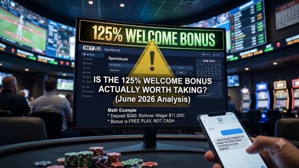 A computer monitor displaying a 125% welcome bonus warning sign and a rollover math example, perfect for an analytical BetUS review detailing bonus terms.