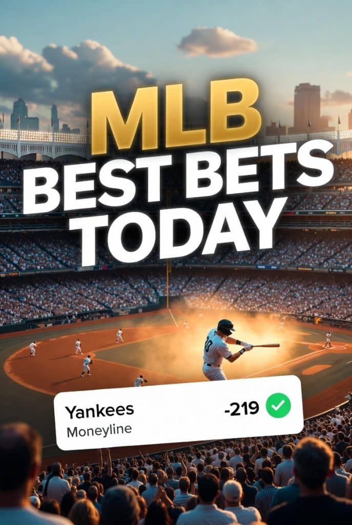 A vibrant graphic promoting MLB best bets today, featuring a baseball player at bat in a sun-drenched stadium filled with fans. A prominent overlay highlights a MLB betting picks selection for the Yankees Moneyline at -219 odds with a green checkmark.
