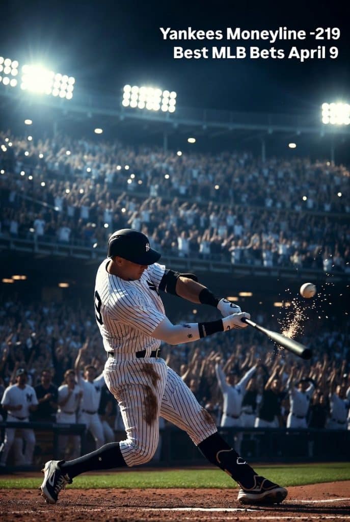 An action shot of a New York Yankees player mid-swing under bright stadium lights, perfect for MLB betting picks. Text in the upper right corner displays MLB best bets today information, specifically the Yankees Moneyline at -219 for April 9.
