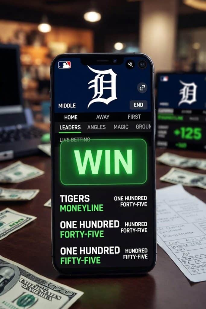 A smartphone displaying a sports betting app with a large green "WIN" notification, highlighting MLB best bets today. The screen shows a Detroit Tigers Moneyline pick, serving as a visual for daily MLB betting picks surrounded by scattered currency.