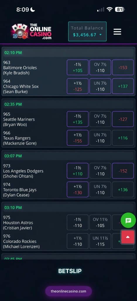 image of a screenshot of theonlinecasino.com sports betting platform in dark theme
