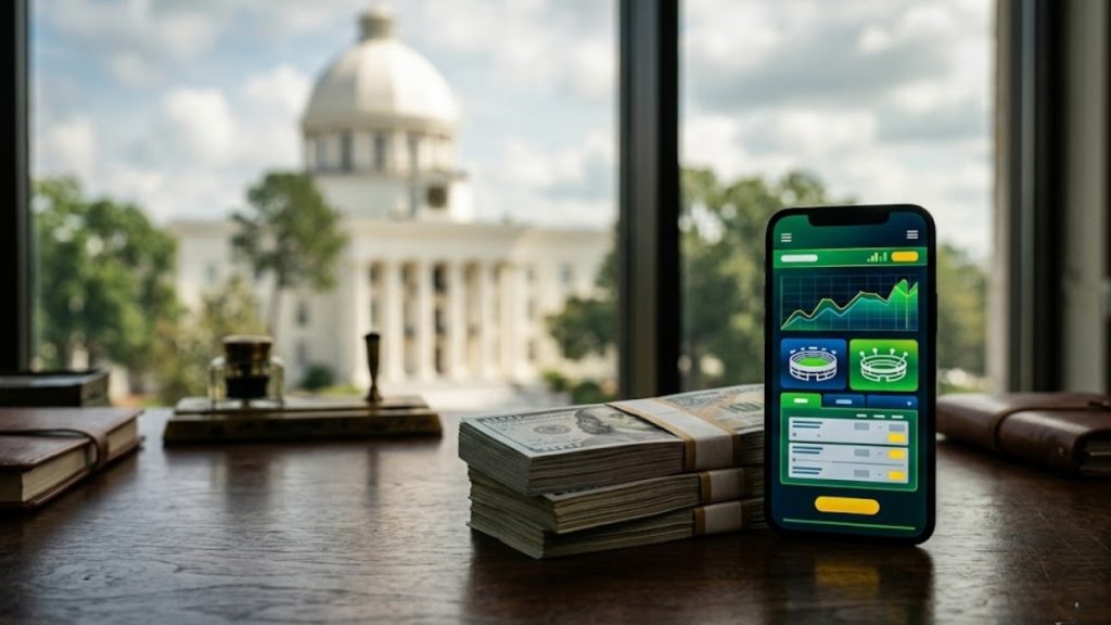 A smartphone displaying a sports betting application with live graphs and stadium icons sits next to a thick stack of hundred-dollar bills on a wooden desk. In the background, a blurred government building resembles a capitol building, symbolizing the intersection of regulatory legislation and Alabama Sports Betting.