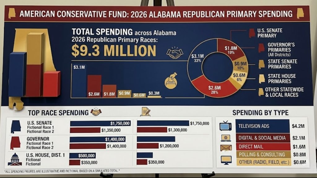  Chart showing American Conservative Fund spending totaling $9.3 million across Alabama 2026 Republican primary races