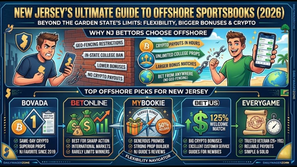 An infographic titled New Jersey’s Ultimate Guide to Offshore Sportsbooks (2026), comparing local restrictions against offshore benefits like crypto payouts and unlimited college props for NJ bettors.