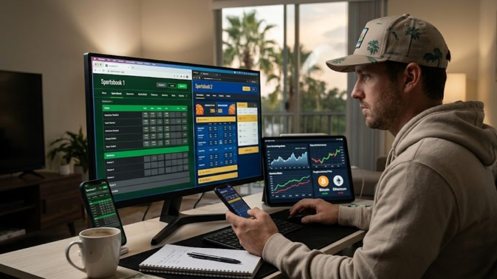 A man at a desk analyzing multiple desktop and mobile screens displaying odds and charts, comparing options for Florida sports betting at home with a cup of coffee and a notepad nearby.