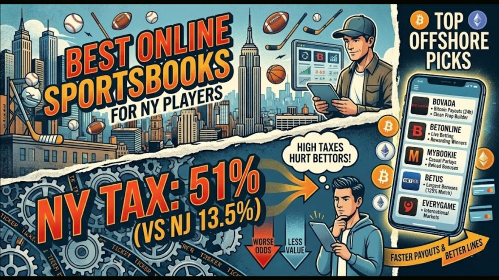 A digital graphic comparing the best online sportsbooks for New York Sports Betting, highlighting the 51% state tax rate and listing various offshore betting options.