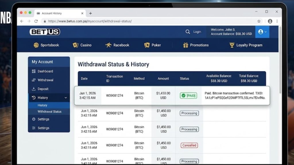 A desktop browser showing a successful BetUS Payout status history page with a green "PAID" confirmation for a Bitcoin withdrawal transaction.