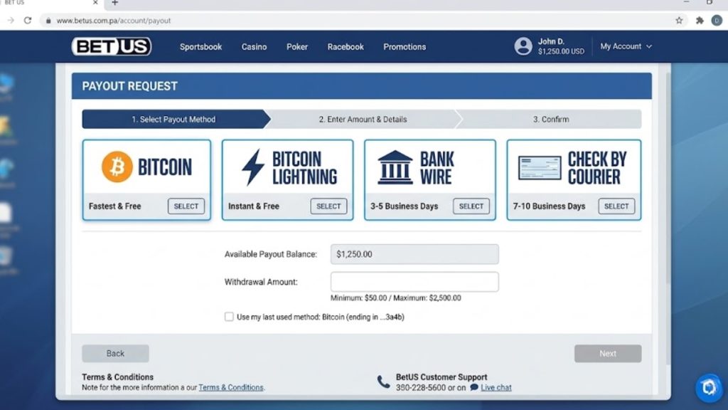 The official BetUS Payout request interface on a computer screen displaying withdrawal methods including Bitcoin, Bitcoin Lightning, Bank Wire, and Check by Courier.