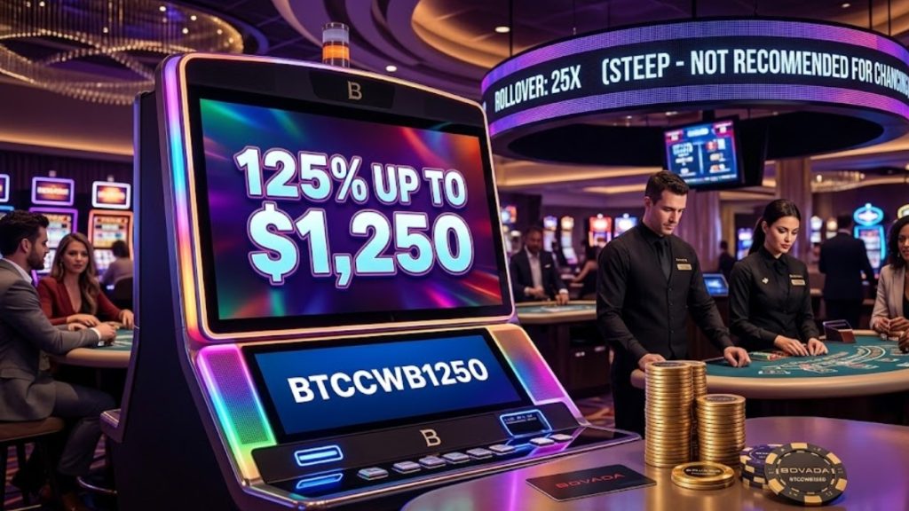 A high-end casino setting featuring a digital slot machine displaying a 125% match bonus up to $1,250 using code BTCCWB1250, with a ticker above showing a 25x rollover requirement.