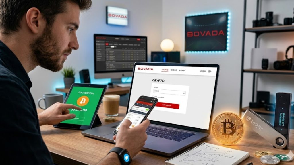 A man sitting at a desk with multiple devices, including a laptop and smartphone displaying a crypto withdrawal interface, as part of a Bovada Review 2026. A tablet shows a green "Successful" Bitcoin transaction screen next to physical crypto coins and a Ledger hardware wallet.