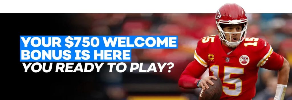 A promotional banner for the Bovada $750 welcome bonus featuring Kansas City Chiefs quarterback Patrick Mahomes in a red jersey, with bold text asking "You Ready To Play?"
