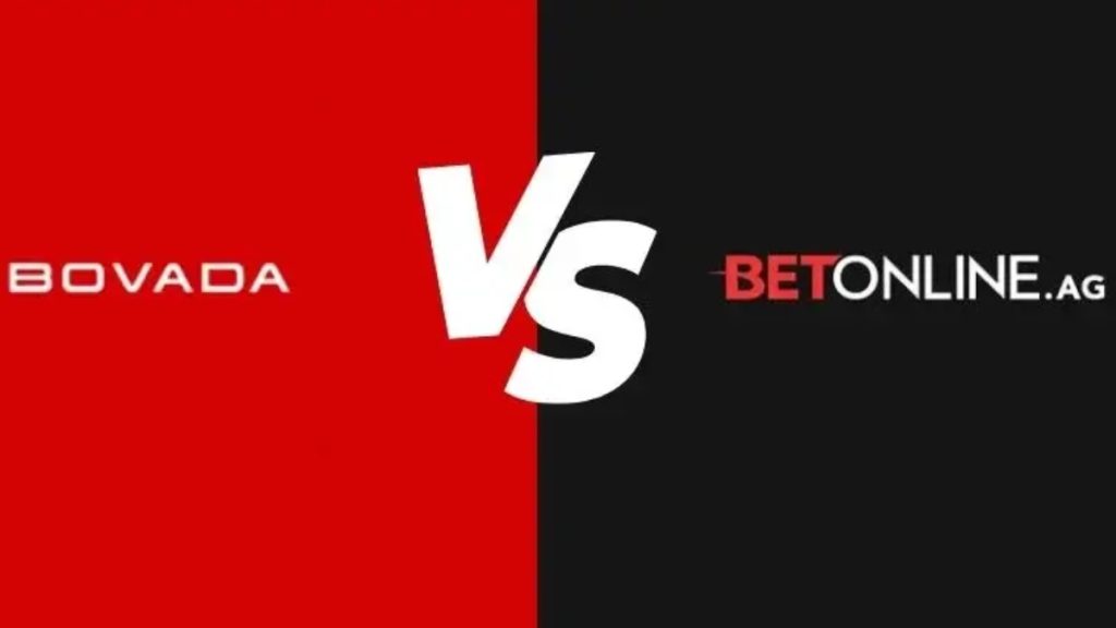 A minimalist split-screen graphic showcasing the official logos separated by a prominent "VS" text, perfect for a Bovada vs BetOnline comparison article header.