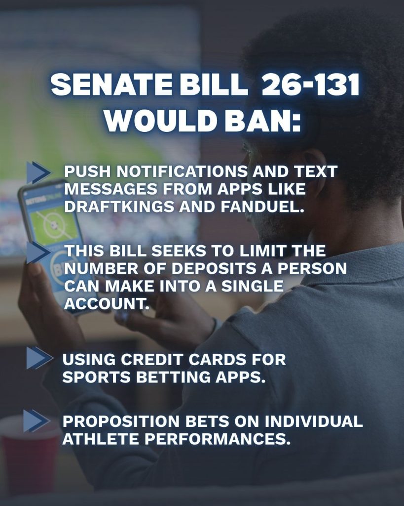 An infographic overlaying a man looking at his phone, detailing key aspects of the Colorado Sports Betting Reform Bill SB 26 131. The text outlines proposed bans on betting app push notifications, credit card usage for deposits, and individual athlete proposition bets.