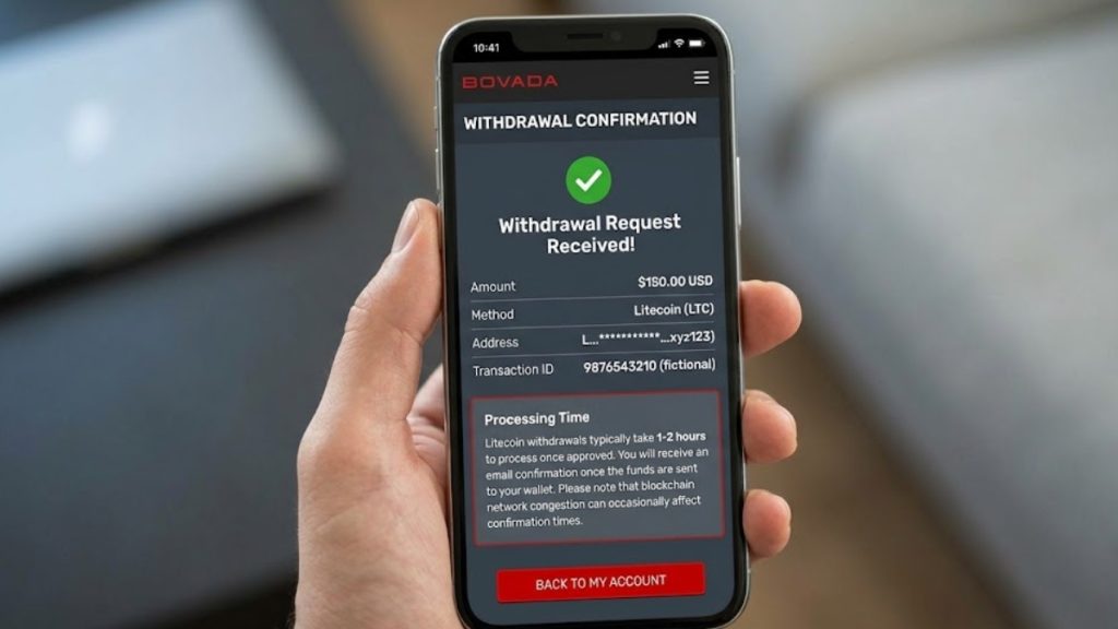 A smartphone displaying a successful cryptocurrency withdrawal request screen, a key factor when comparing processing speeds for Bovada vs BetOnline.