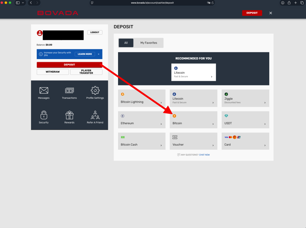 The Bovada deposit menu showing various cryptocurrency options, with a red arrow highlighting the Bitcoin (BTC) selection to explain How to Deposit Bitcoin on Bovada.