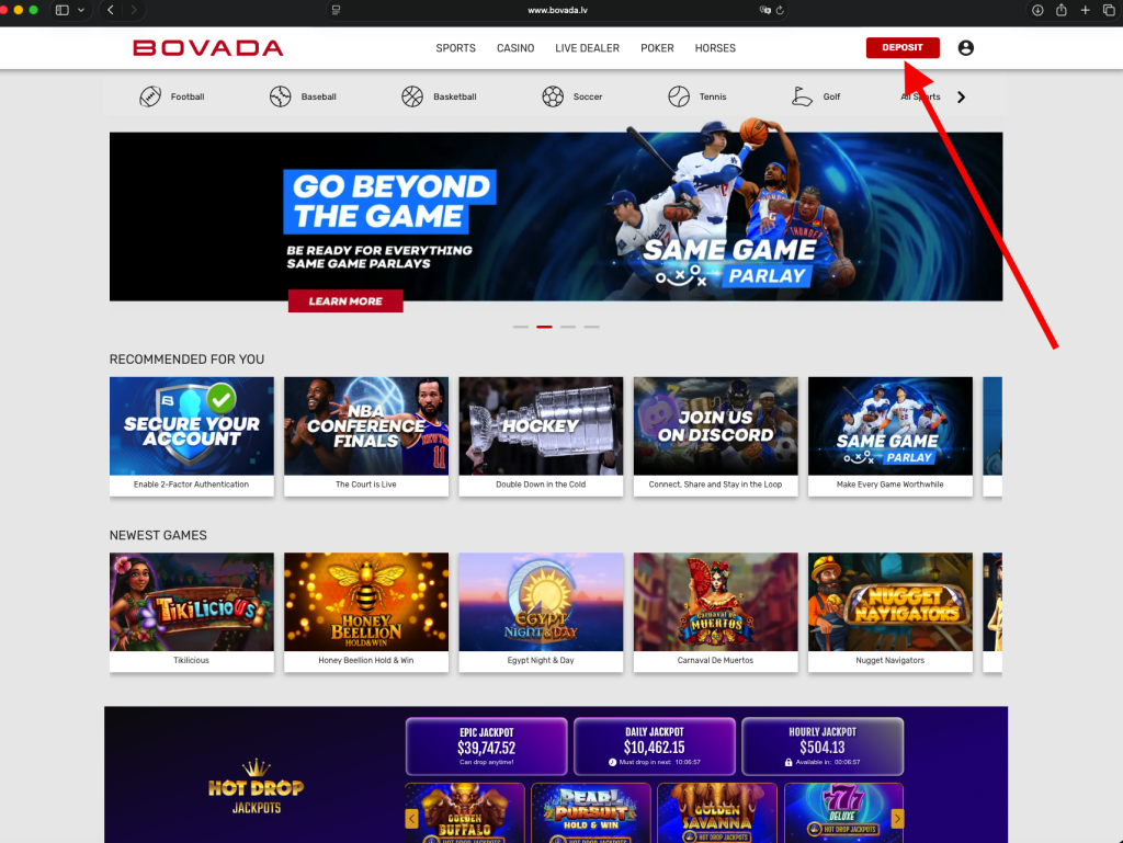The Bovada account dashboard with a red arrow pointing to the "Deposit" button in the top navigation bar, demonstrating the first step of How to Deposit Bitcoin on Bovada.