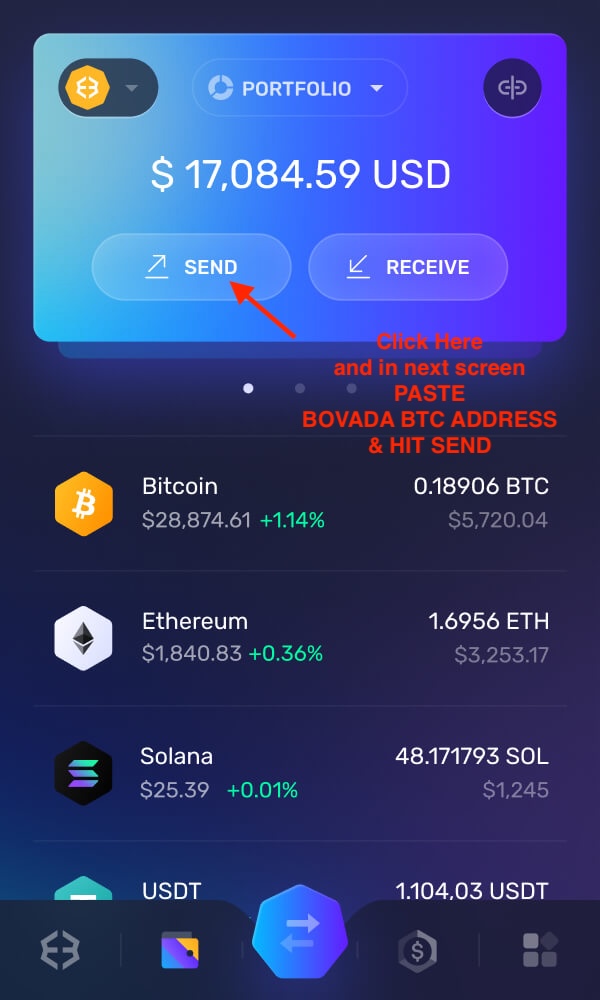 A mobile crypto wallet interface with a red arrow pointing to the "Send" button and instructions to paste the address for How to Deposit Bitcoin on Bovada.