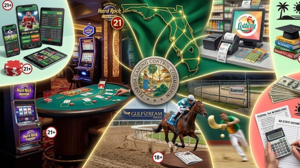 A comprehensive infographic detailing Florida sports betting laws and gambling regulations, featuring the Florida Gaming Control Commission seal, Hard Rock casino slot machines, Gulfstream Park horse racing, and age limit icons.