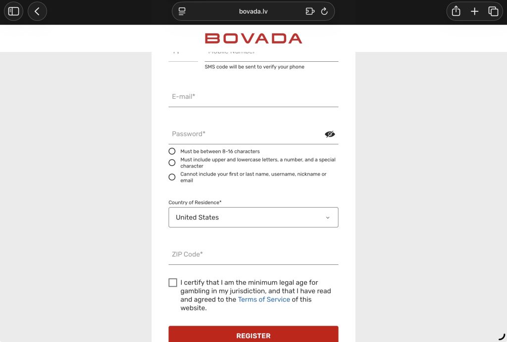 A screenshot of the Bovada registration form on a mobile browser. The form includes fields for E-mail, Password (with a list of requirements regarding character count, complexity, and personal info restrictions), Country of Residence (set to the United States), and ZIP Code. At the bottom, a checkbox certifies that the user meets the minimum legal gambling age, right above a prominent red "REGISTER" button.