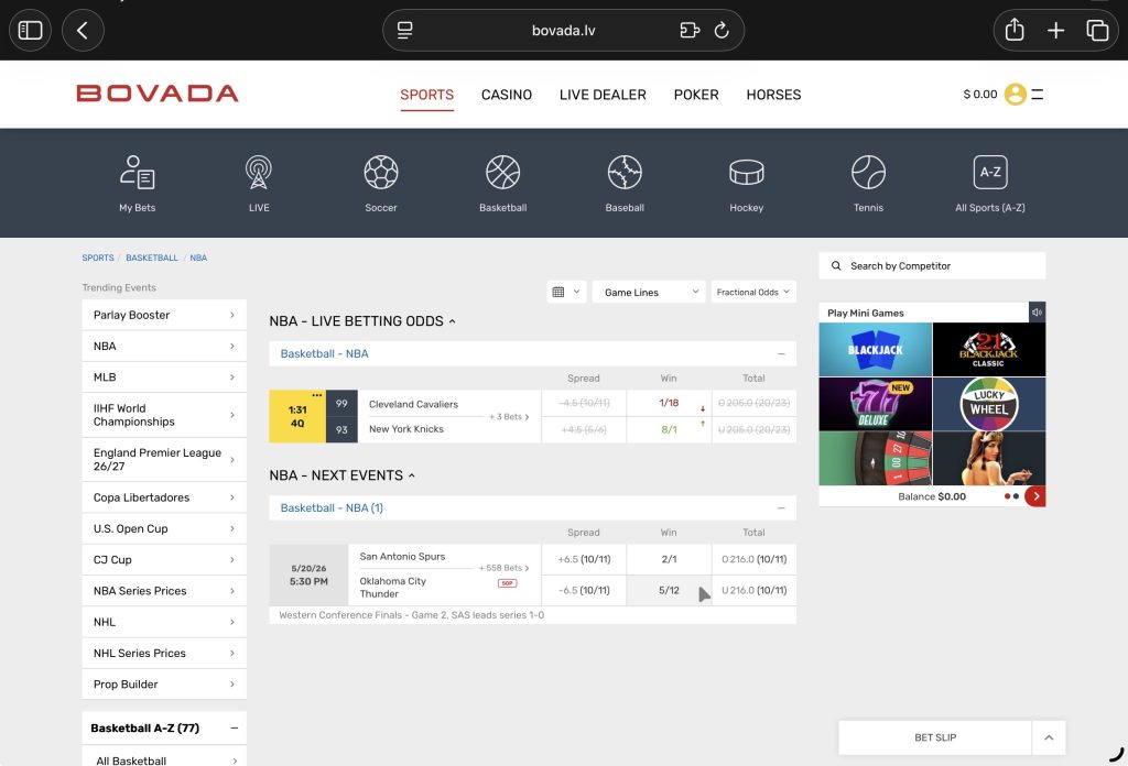 A desktop screenshot of the Bovada sports betting dashboard showing live NBA odds. The top navigation lists options like Sports, Casino, Live Dealer, Poker, and Horses. The central feed displays live betting odds for an ongoing game between the Cleveland Cavaliers and the New York Knicks, as well as an upcoming next event between the San Antonio Spurs and the Oklahoma City Thunder. A right-hand sidebar features mini-games like Blackjack and Lucky Wheel.