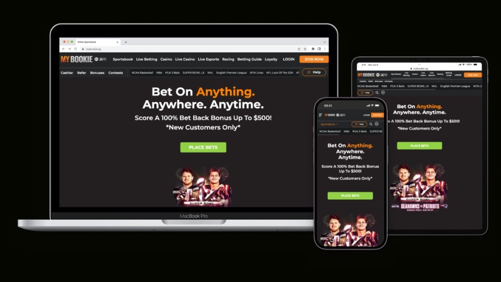 The MyBookie website homepage displayed across a MacBook Pro, tablet, and smartphone screen, illustrating user experience for a MyBookie Reddit comparison article.