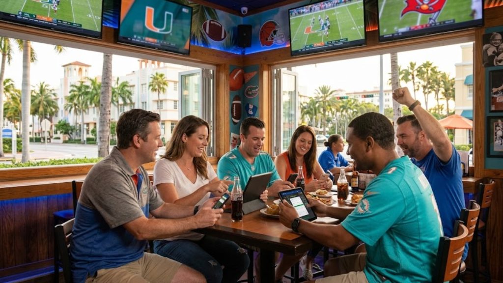 A group of sports fans wearing Miami Dolphins jerseys gathered at an open-air sports bar, celebrating and tracking live odds on their smartphones and tablets, highlighting the accessibility of Florida sports betting.