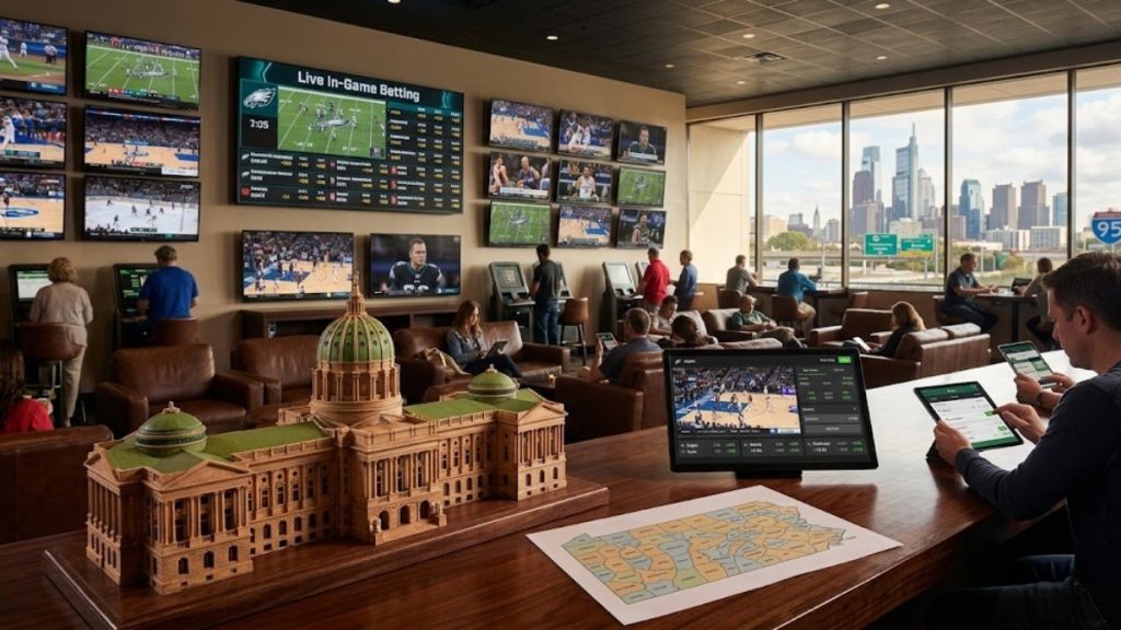 The interior of a modern, legal Pennsylvania sports betting lounge featuring a large wall of live odds screens and game broadcasts, with patrons checking their tablets next to a detailed wooden architectural model of the Pennsylvania State Capitol building.