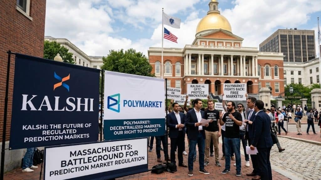 A group of demonstrators holding signs and banners for Kalshi and Polymarket in front of the Massachusetts State House. The scene captures the public and legal debate over the future of Massachusetts Prediction Markets and the regulation of decentralized betting.
