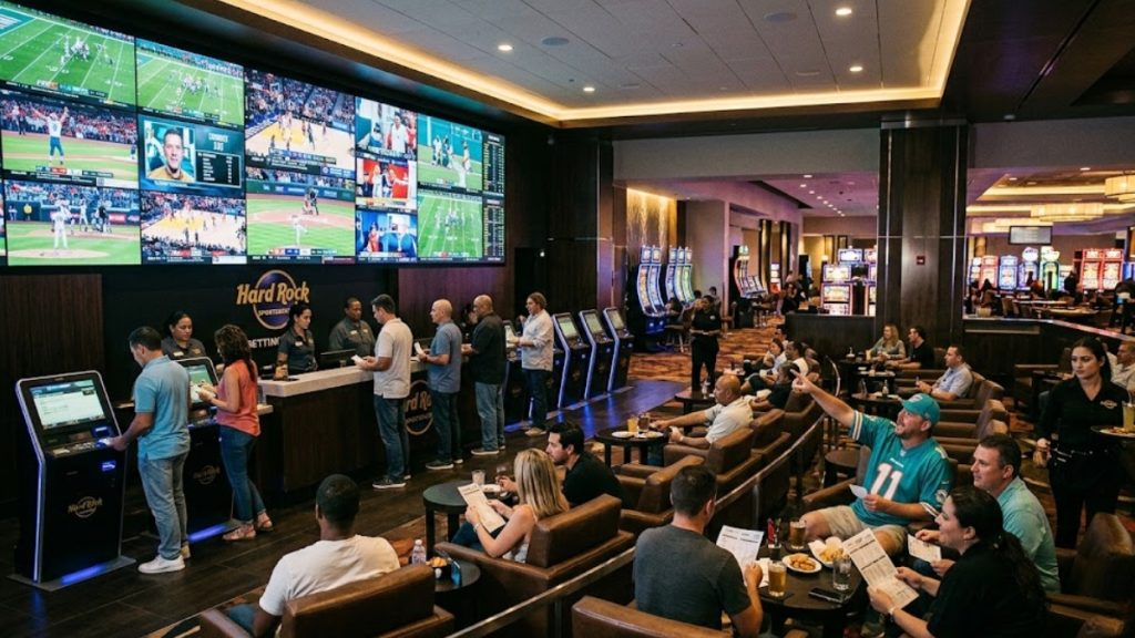 A busy Hard Rock Sportsbook retail location showing the legal landscape of Florida sports betting, with patrons standing in line at the counter or using self-service betting kiosks below a massive wall of HD screens broadcasting live games.