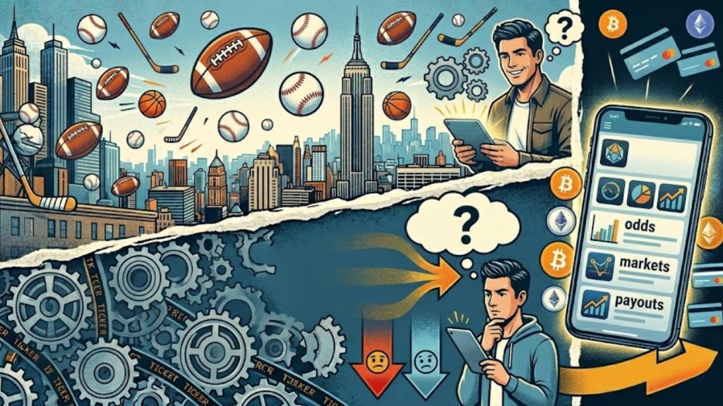 A split-screen illustration showing a man using a tablet for New York Sports Betting, with the New York City skyline and sports icons above a complex system of gears and market trend arrows.