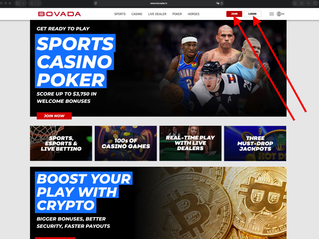 A screenshot of the Bovada homepage showing the "Join" and "Login" buttons highlighted with red arrows, part of a tutorial on How to Deposit Bitcoin on Bovada.
