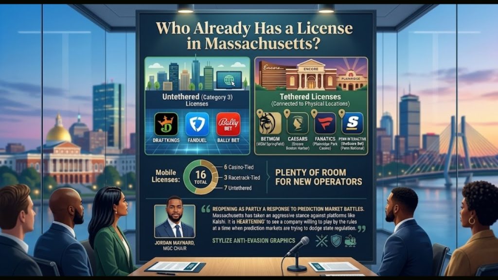 An infographic presentation detailing licensed operators under the Massachusetts Senate Bill 302 framework, breaking down category 3 untethered licenses like DraftKings and FanDuel versus physical location tethered licenses.