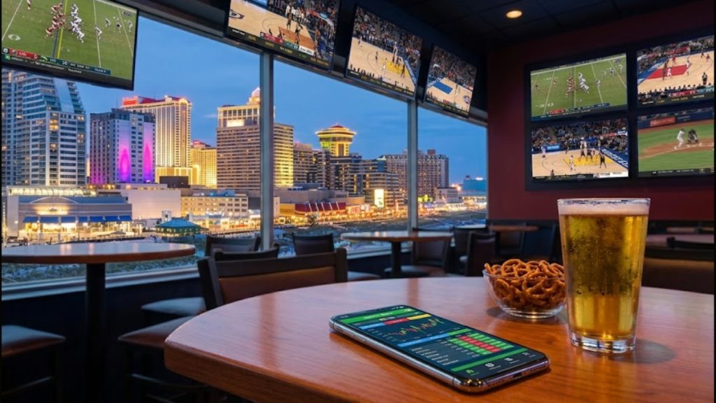 A smartphone with a New Jersey sports betting guide interface resting on a table next to a glass of beer, overlooking the illuminated Atlantic City skyline and boardwalk at dusk.