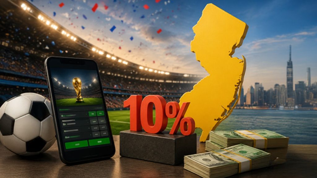 A digital graphic featuring a smartphone with a trophy, a soccer ball, stacks of cash, and a 10% icon over a map of NJ to illustrate New Jersey sports betting tax updates.