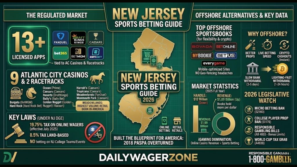 A detailed New Jersey sports betting guide infographic for 2026 showing 13+ licensed apps, 2025 market stats of $12 billion handle, and upcoming legislative watches for micro-betting and college props.