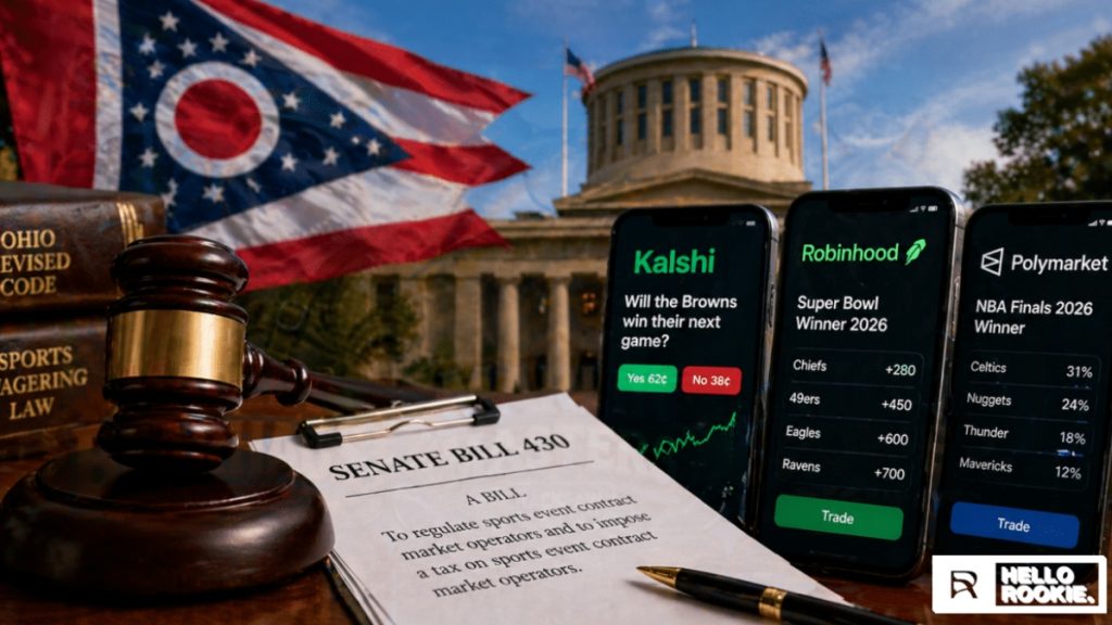 A gavel resting on legal documents next to smartphones displaying betting apps and the Ohio state flag, illustrating the regulatory impact of an Ohio Sports Betting Bill.