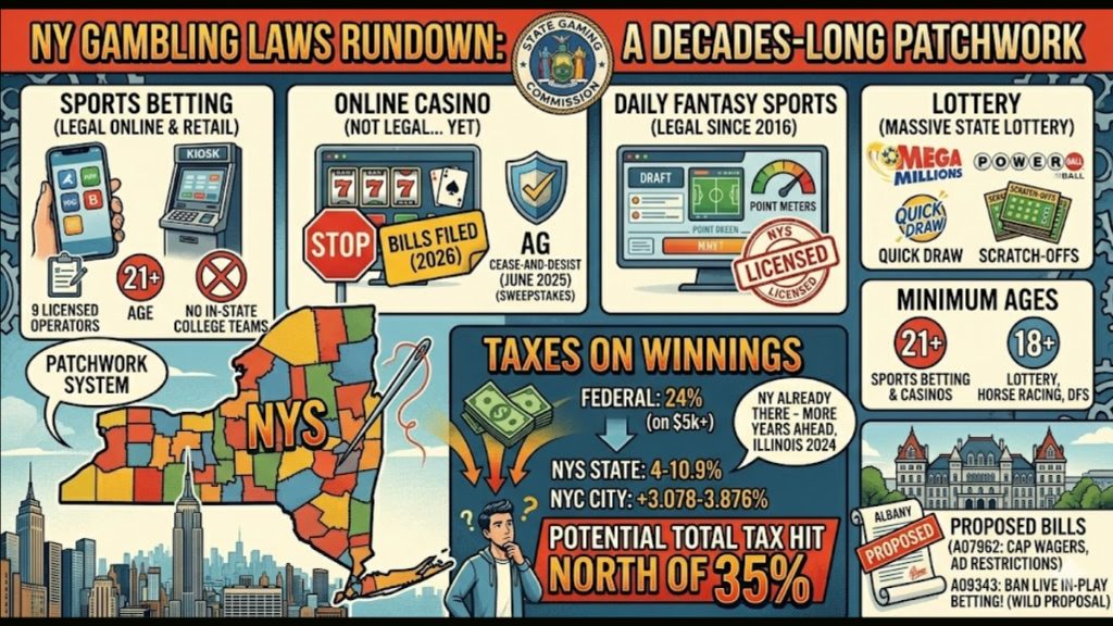 An infographic titled 'NY Gambling Laws Rundown' explaining New York Sports Betting regulations in 2026, including tax rates, age limits, and the legal status of online casinos.