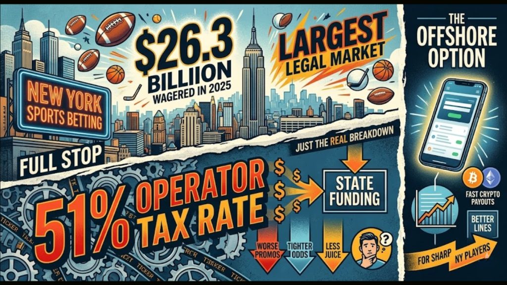 A 2026 guide to New York Sports Betting featuring the $26.3 billion wagered in 2025 and an explanation of the 51% operator tax rate and its impact on state funding.