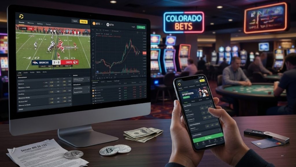 A person using a smartphone to place bets on a cryptocurrency-friendly offshore sportsbook, with a desktop monitor displaying a Broncos game and financial charts, illustrating options unaffected by the Colorado Sports Betting Bill rules.