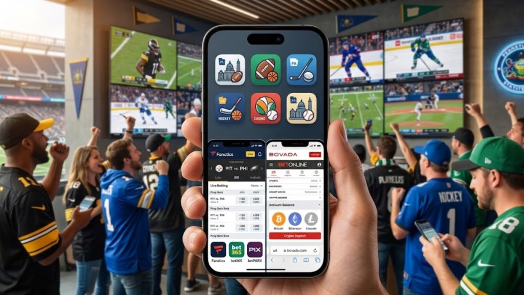 A close-up of a hand holding a smartphone displaying major Pennsylvania sports betting apps, including regulated options like Fanatics and bet365 alongside offshore platforms Bovada and BetOnline, set against a crowded sports bar backdrop with fans watching live games.