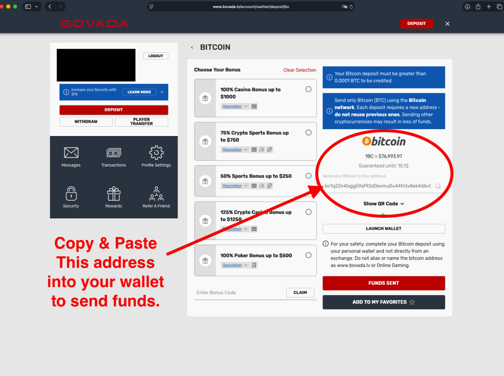 The Bovada Bitcoin deposit screen featuring a unique BTC wallet address and QR code. Red text and an arrow instruct the user to copy this address as part of the guide on How to Deposit Bitcoin on Bovada.