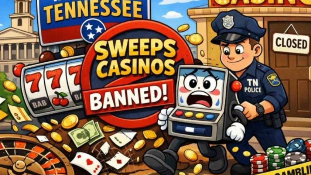 A colorful cartoon illustration showing a "TN Police" officer apprehending a slot machine character, highlighting enforcement actions related to a Tennessee Sports Betting Bill and sweepstakes bans.