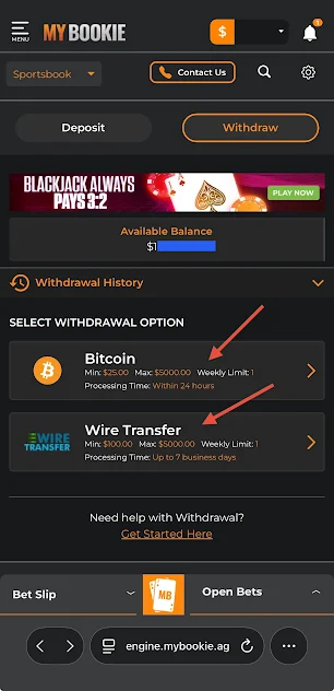 MyBookie Payout/withdrawal optons