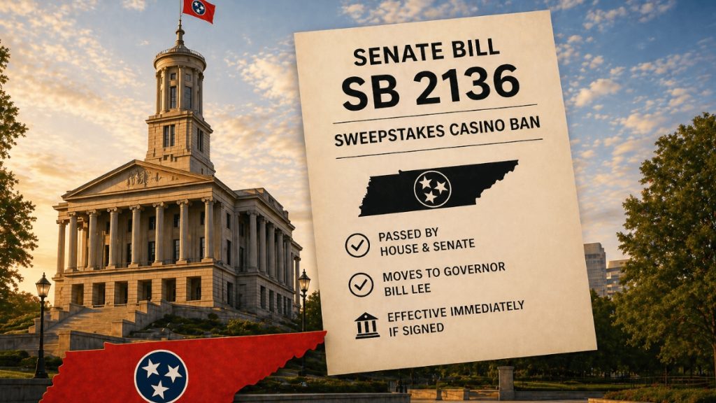 A graphic of Tennessee Senate Bill SB 2136 positioned next to the state capitol building, detailing legislative progress and bans often discussed alongside a Tennessee Sports Betting Bill.