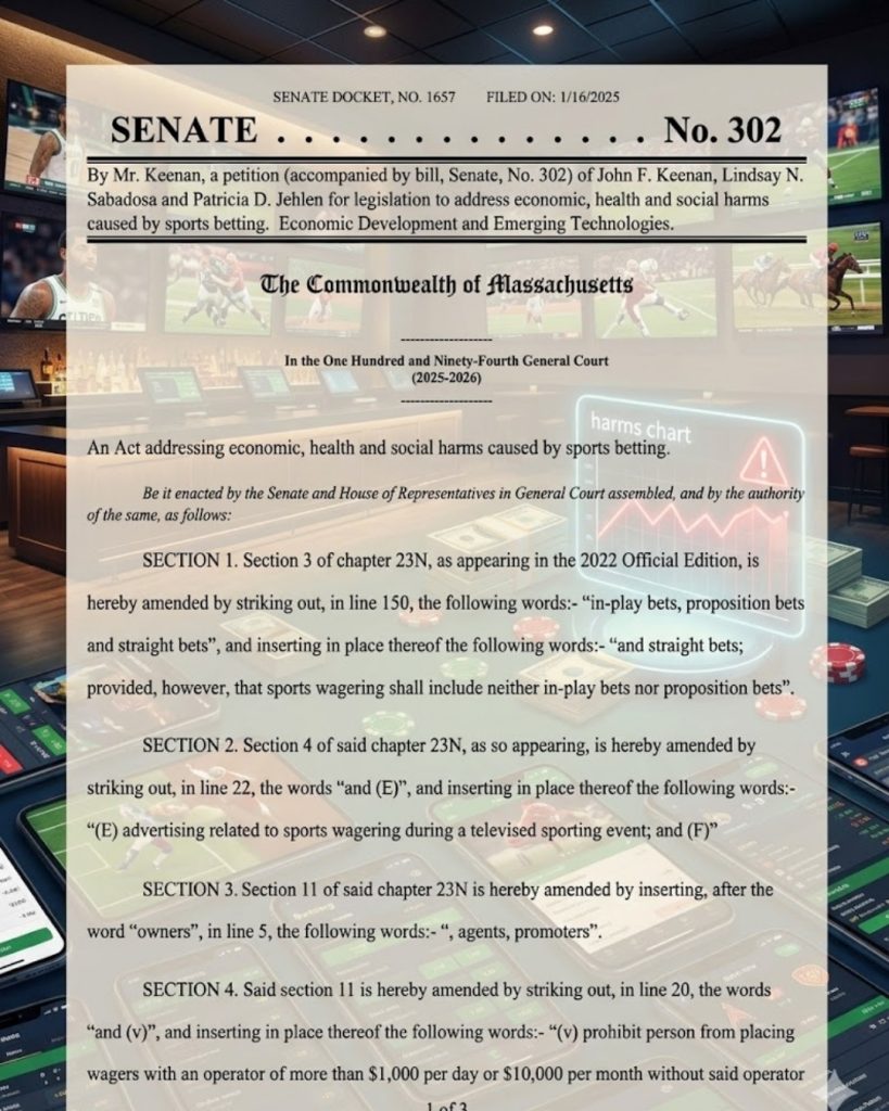 The official text document for Massachusetts Senate Bill 302 overlaying a sportsbook background, highlighting amendments to address the economic, health, and social harms caused by sports wagering.