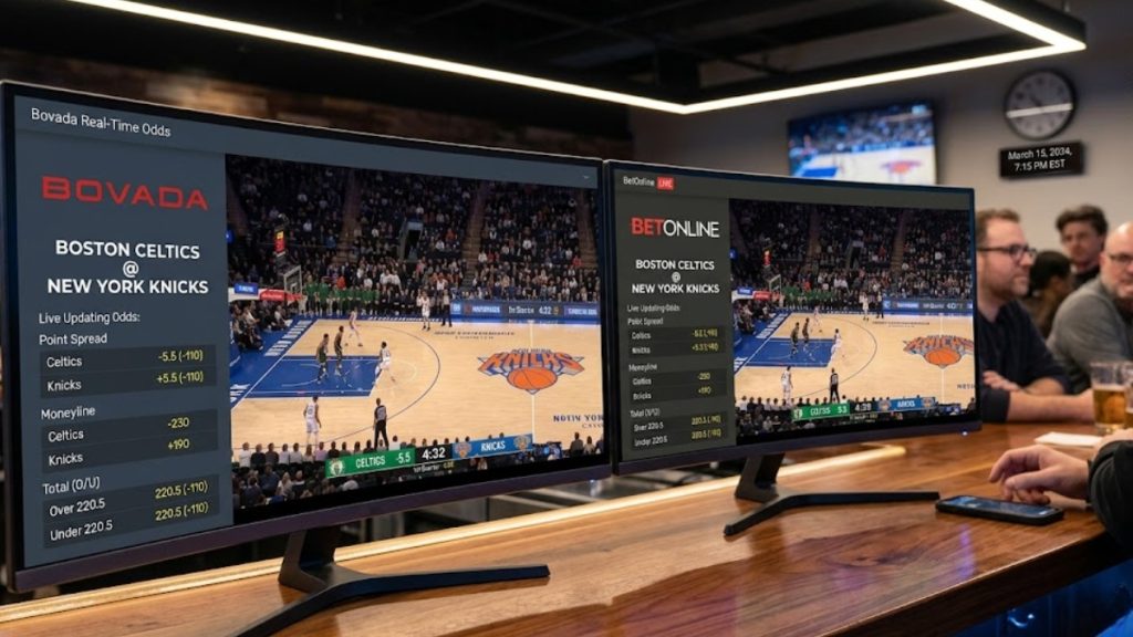 Side-by-side monitors comparing real-time NBA betting lines for a Celtics vs Knicks game on Bovada vs BetOnline sportsbook interfaces.