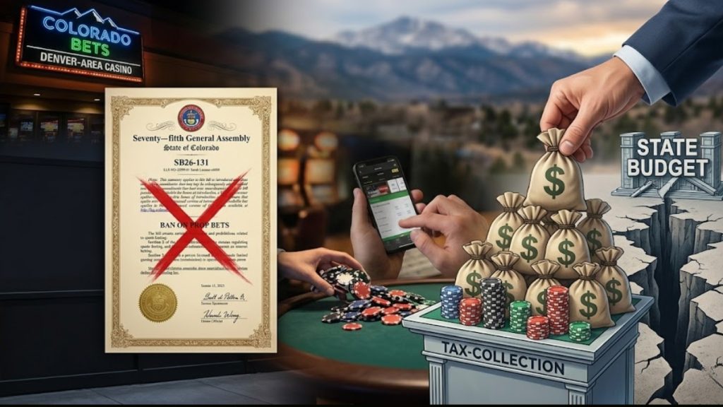 A conceptual graphic explaining why a prop bet ban was removed from the Colorado Sports Betting Bill SB26-131, showing a crossed-out ban document next to a stack of tax collection money bags filling a state budget deficit.
