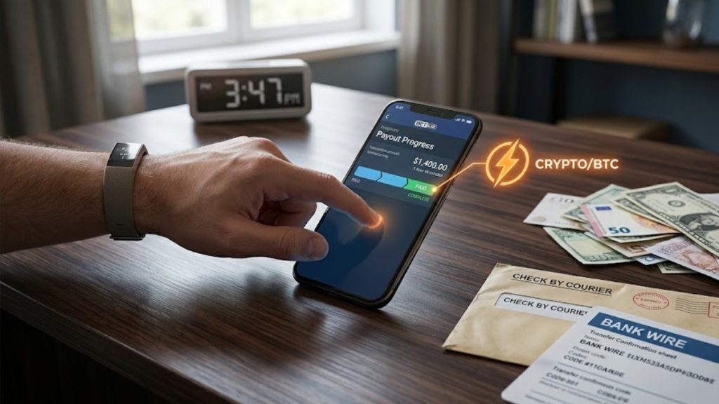 A sports bettor holds a smartphone displaying a pending BetUS Payout request screen in a lively sports bar, highlighting available withdrawal options like crypto and bank transfer.