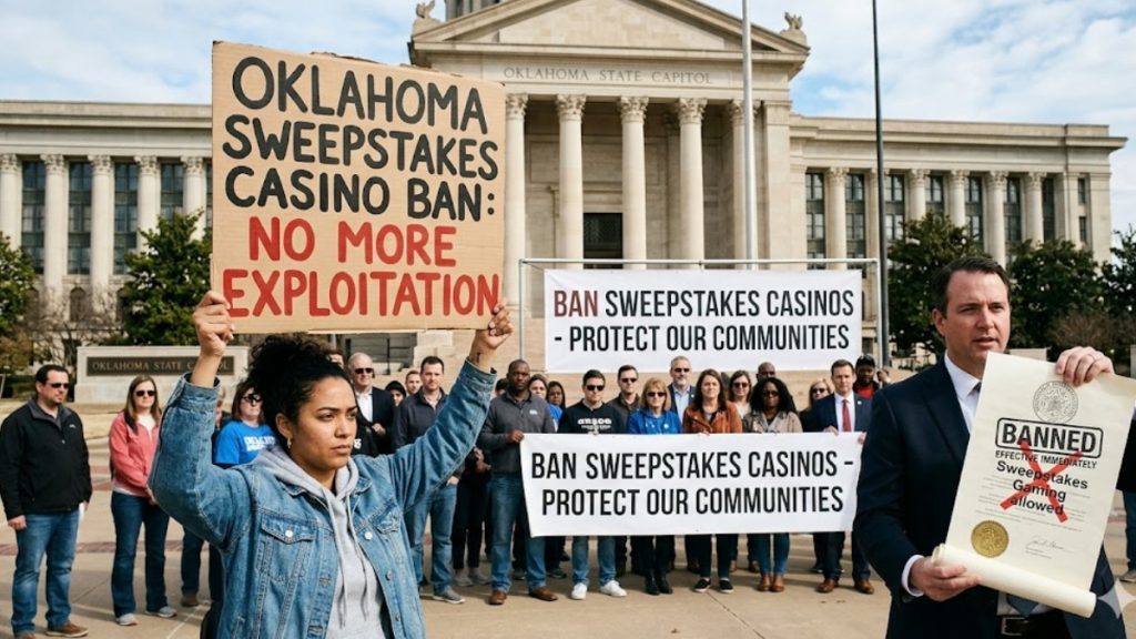 A group of protesters standing in front of the Oklahoma State Capitol building holding signs that read "Oklahoma Sweepstakes Casino Ban: No More Exploitation." A man in a suit holds an official document with a "BANNED" stamp, reflecting current legislative shifts in Oklahoma gambling regulations.