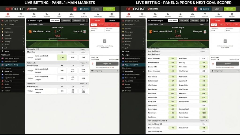 A side-by-side comparison of the BetOnline sportsbook live betting interface, showing main markets like match winners and total goals on one panel alongside player props and next goal scorer odds